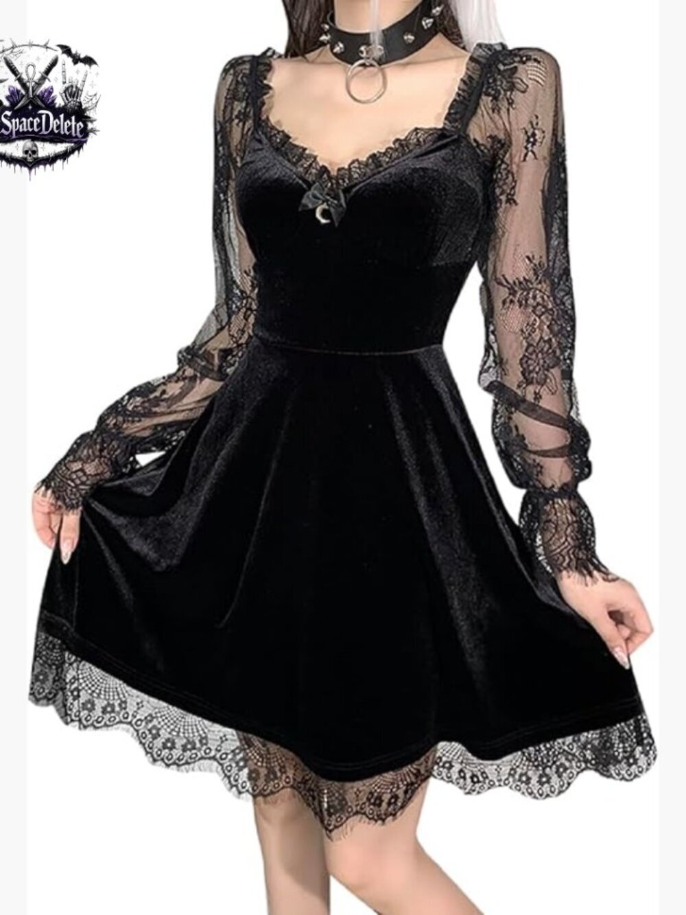 Long Sleeve Lace Gothic Vintage Dress A-Line V-Neck Mini Party